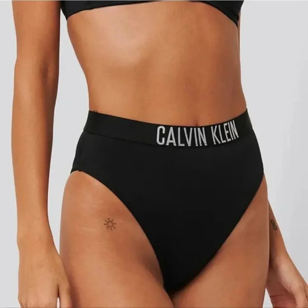 Calvin Klein Women's Black Logo Band High Waisted Swimsuit Bikini Bottom Size XL